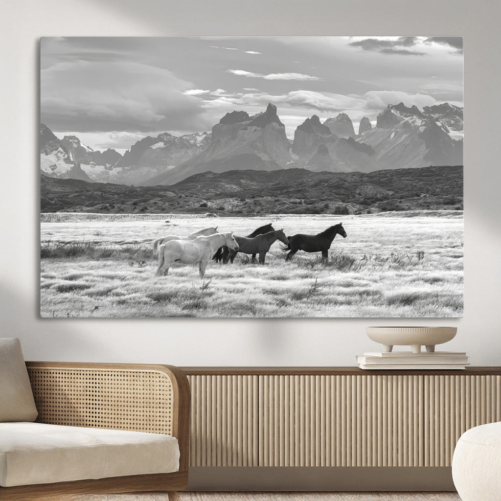 Wild Horses Wall Art | Framed Black White Mountain Canvas