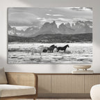 Wild Horses Wall Art | Framed Black White Mountain Canvas