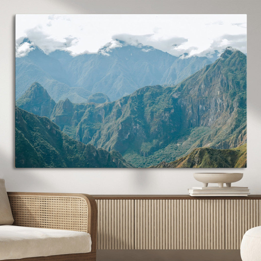 Misty Mountain Wall Art Canvas Print, Framed Cloudy Andean Art, Rugged Mountain Landscape