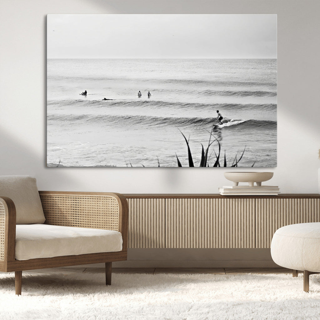 Surfer Silhouette Wall Art Canvas Print, Framed Calm Ocean Monochrome Surf