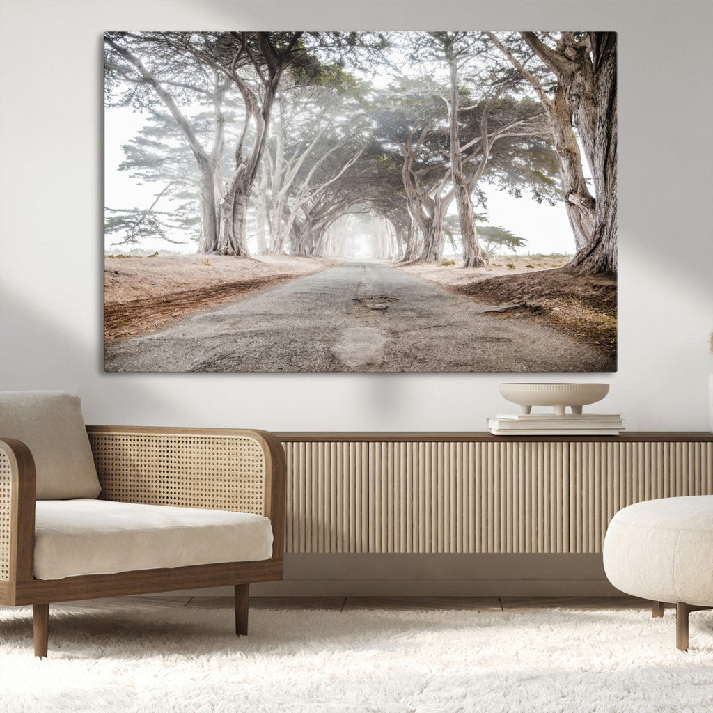 Cypress Tunnel Wall Art | Framed Misty Road Canvas Artwork