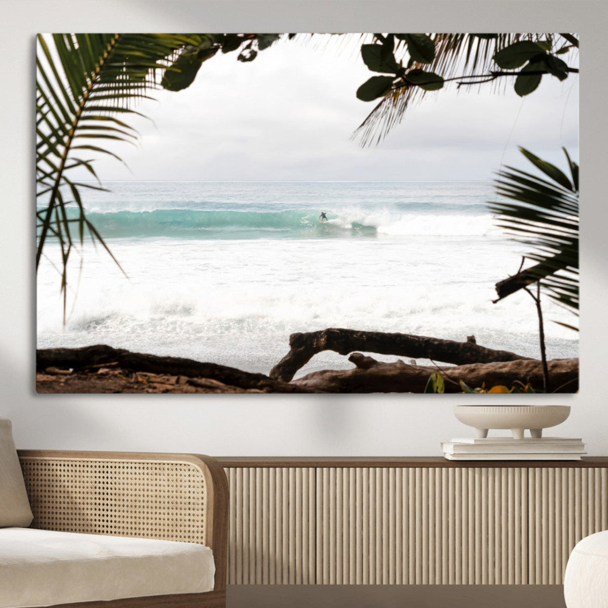 Tropical Surf Wall Art Canvas Print, Framed Palm Tree View Art, Boho Beach House Decor