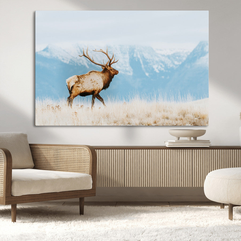 Mountain Elk Wall Art Canvas Print, Framed Rustic Wildlife Art, Lodge Style Decor
