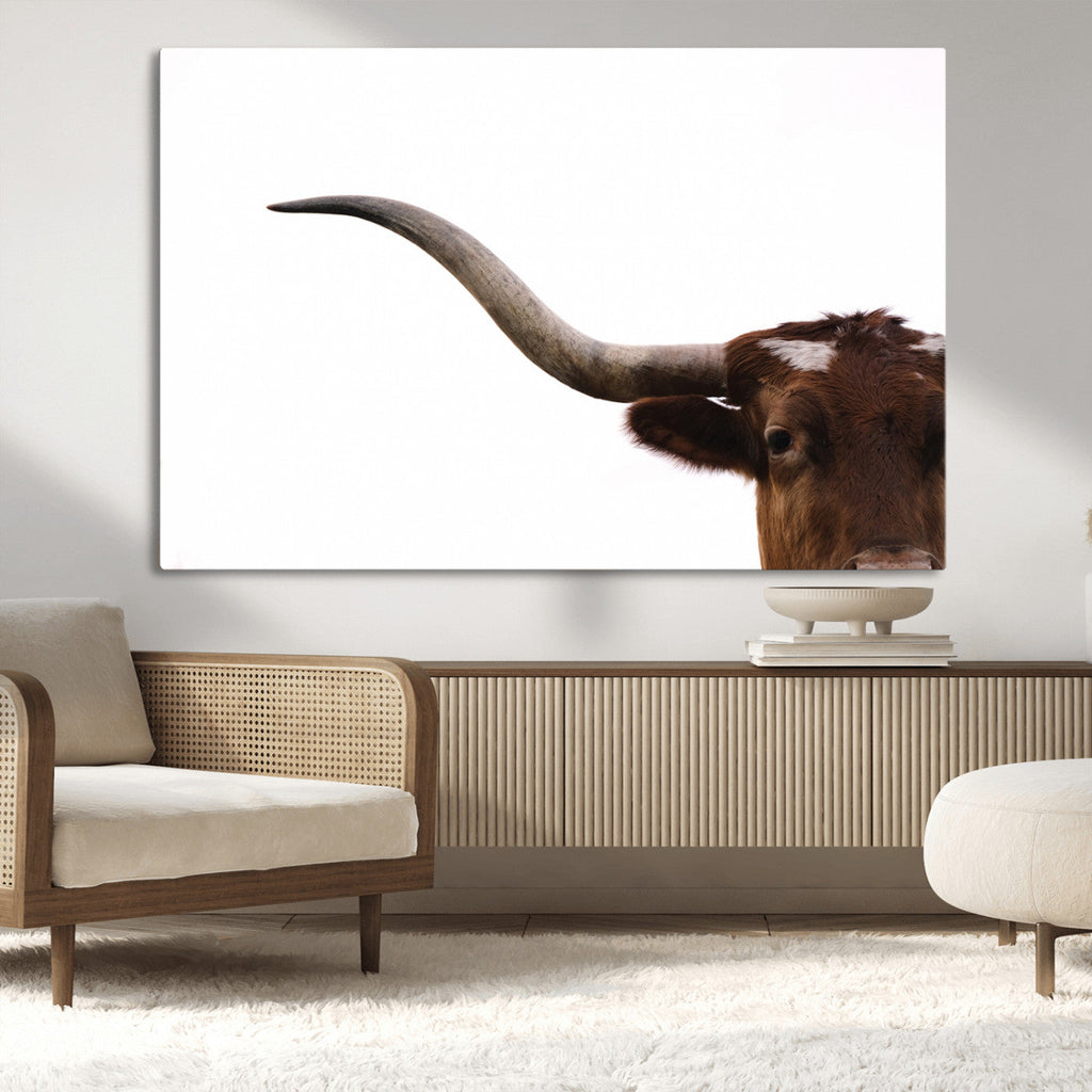 Texas Longhorn Wall Art Canvas Print, Framed Minimalist Cow Art, Ranch Style Decor