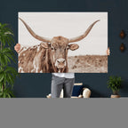 Longhorn Cow Wall Art Canvas Print, Framed Texas Ranch Print, Western Bull Art, Cowboy Decor