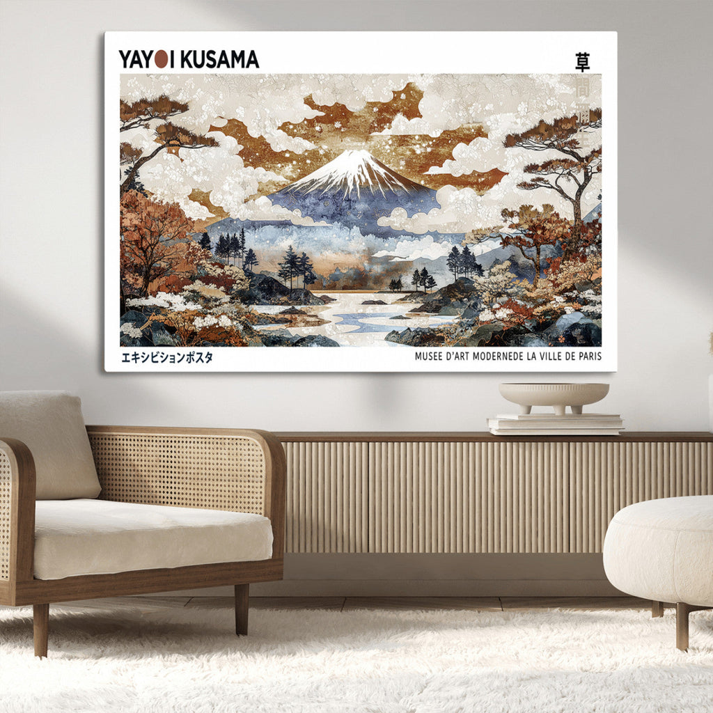 Modern Japanese Wall Art Canvas Print, Framed Abstract Mount Fuji Landscape, Yayoi Kusama Canvas Wall Art
