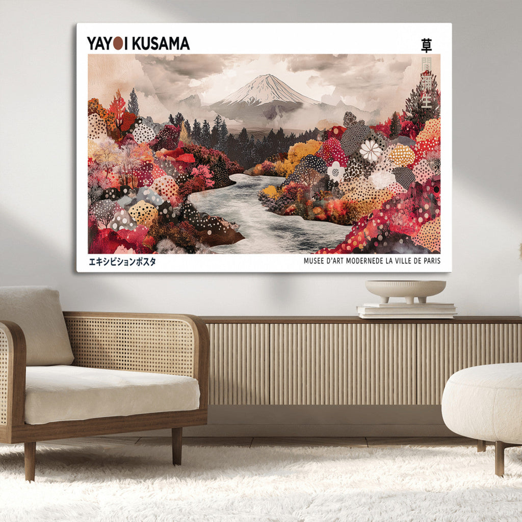 Modern Japanese Wall Art Canvas Print, Framed Abstract Mount Fuji Art, Yayoi Kusama Japanese Landscape