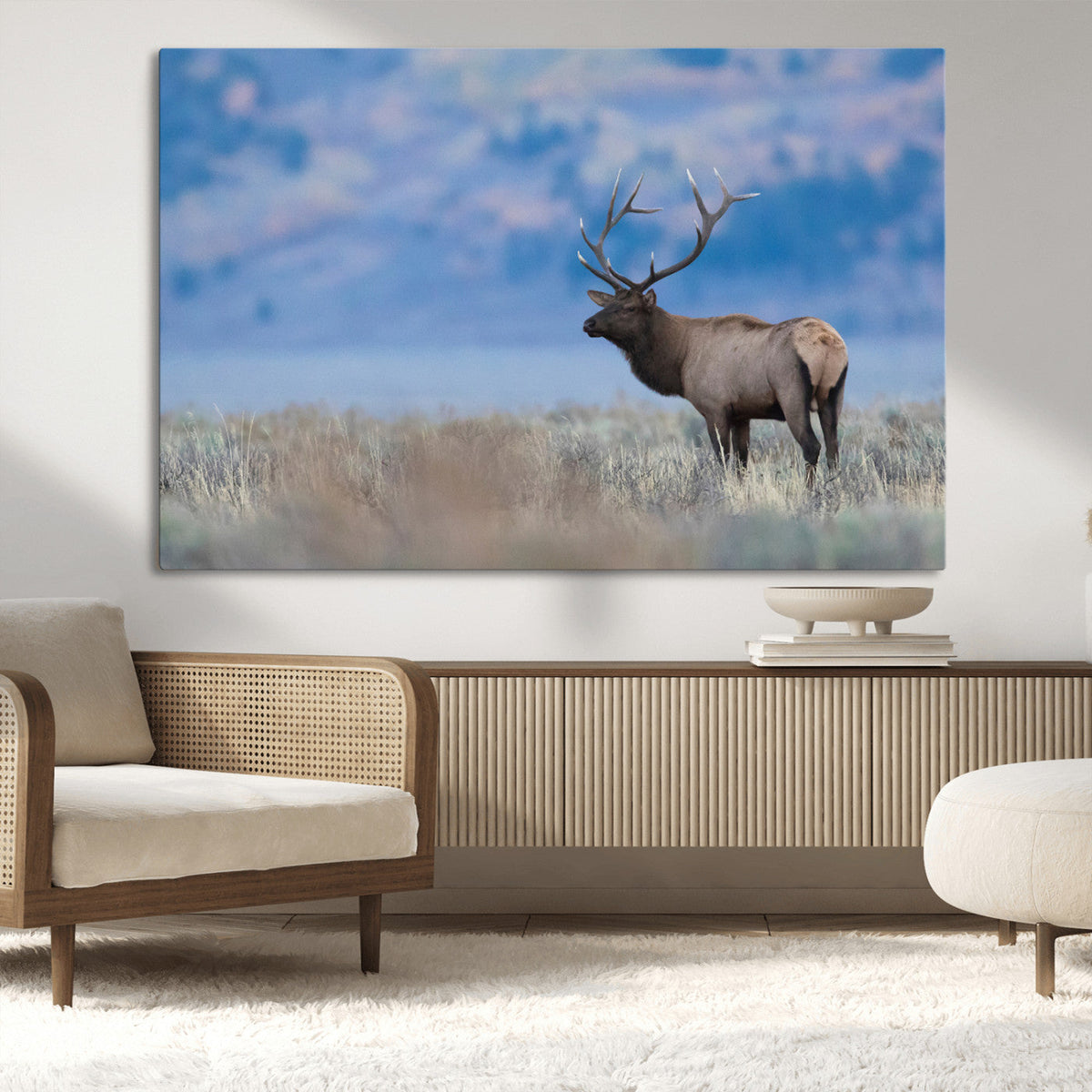 Elk Wall Decor Canvas Print, Framed Rustic Wildlife Art, Mountain Elk Landscape