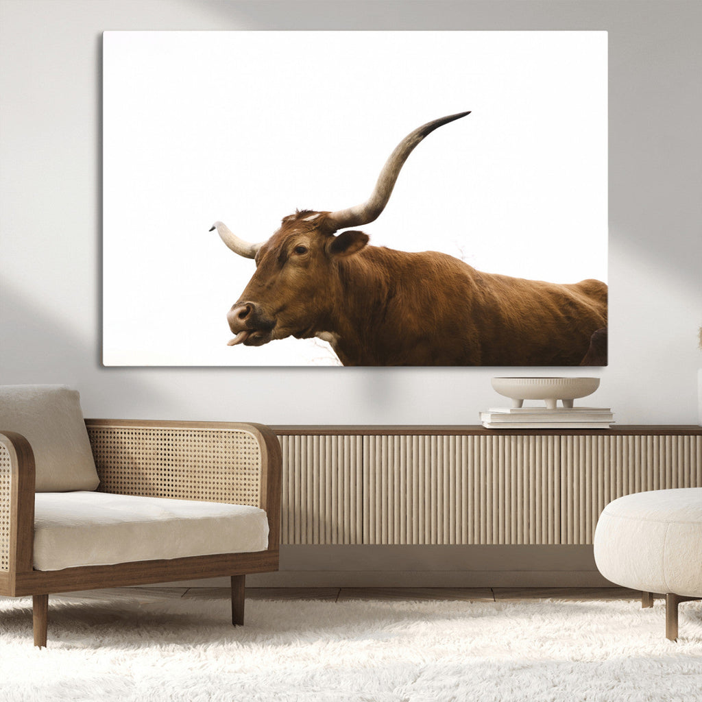 Longhorn Cow Wall Art Canvas Print, Framed Rustic Texas Bull Animal Decor