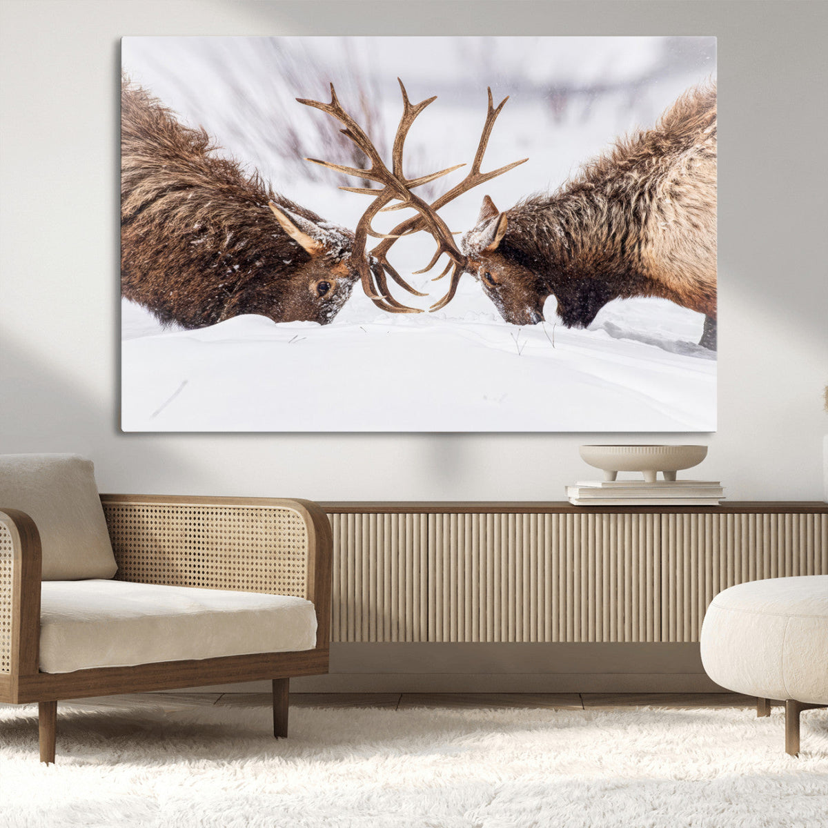 Elk Wall Art Canvas Print, Framed Wildlife Art, Snowy Forest Elk Rustic Lodge Decor