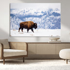 Bison Snow Wall Art Canvas Print, Framed Wildlife Scene, Western Ranch Style Decor