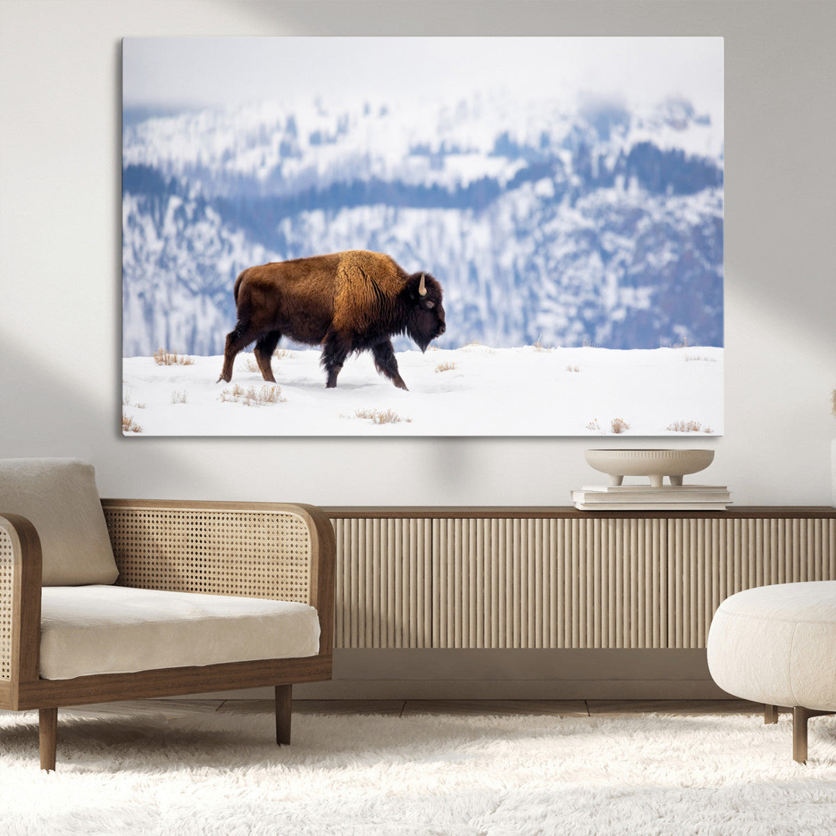 Bison Snow Wall Art Canvas Print, Framed Wildlife Scene, Western Ranch Style Decor