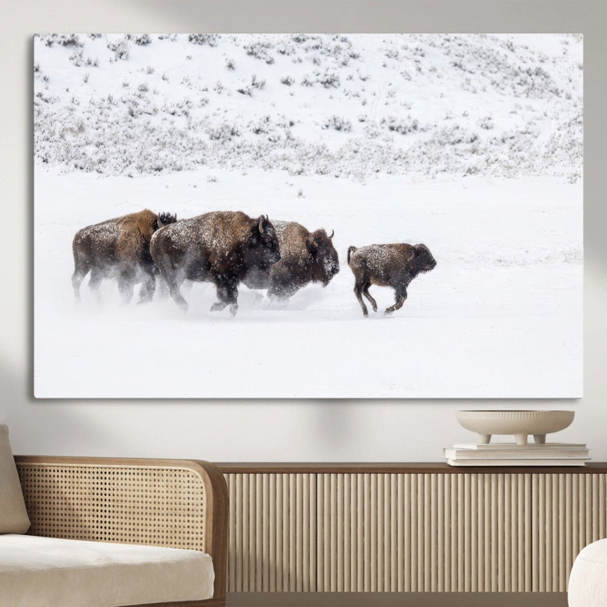 Bison Herd Wall Art Canvas Print, Framed Snowy Bison Scene, Winter Wildlife Decor