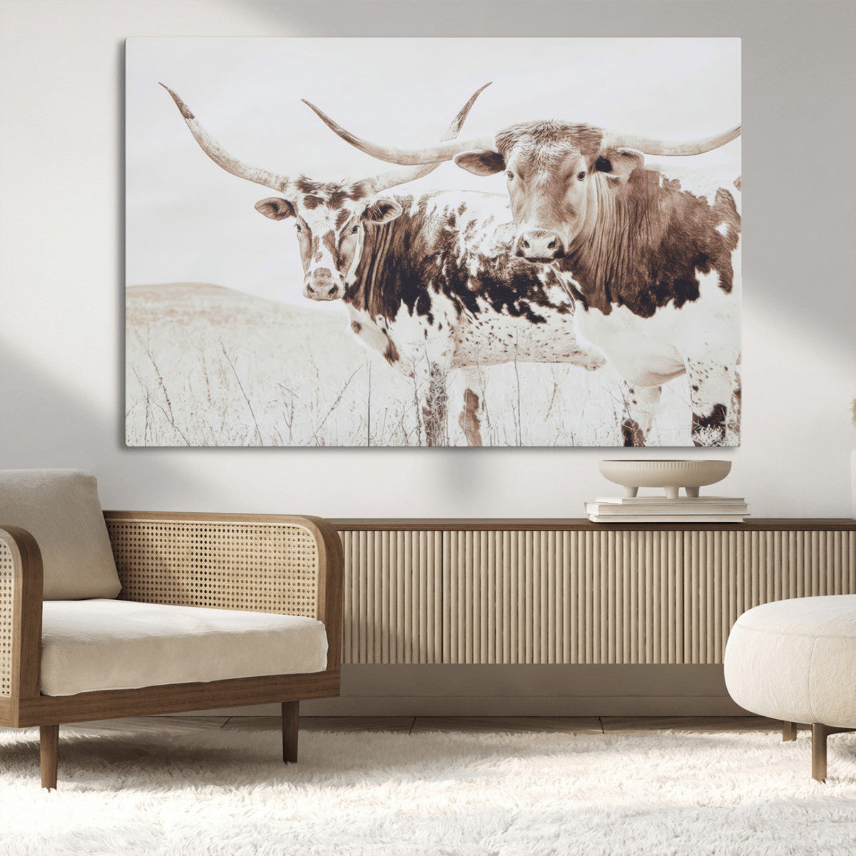 Longhorn Cow Wall Art Canvas Print, Framed Rustic Cattle Art, Sepia Western Decor