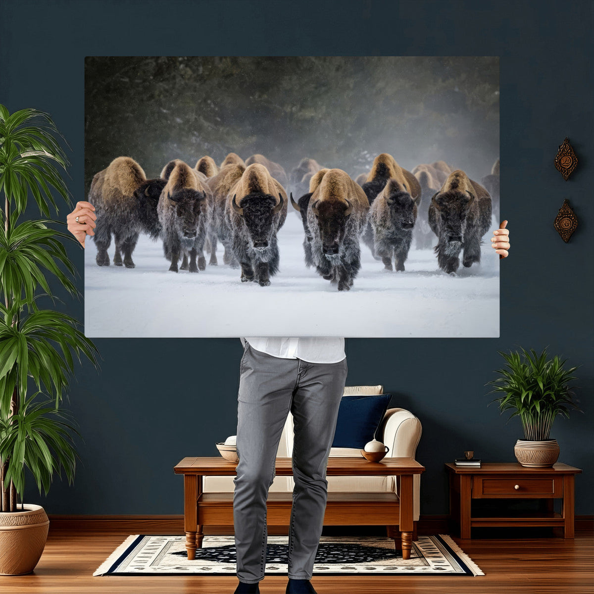 Bison Herd Wall Art Canvas Print, Framed Rustic Wildlife Decor, Snowy Bison Landscape