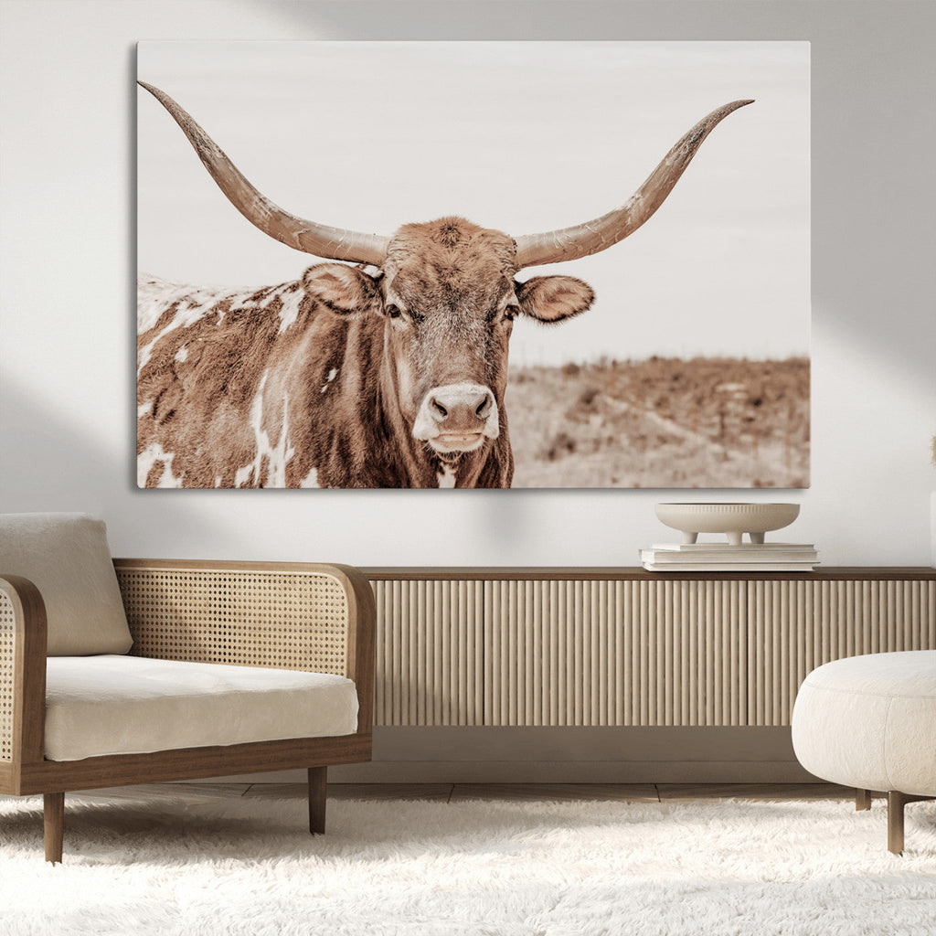 Longhorn Bull Wall Art Canvas Print, Framed Rustic Cow Decor, Neutral Farmhouse Style