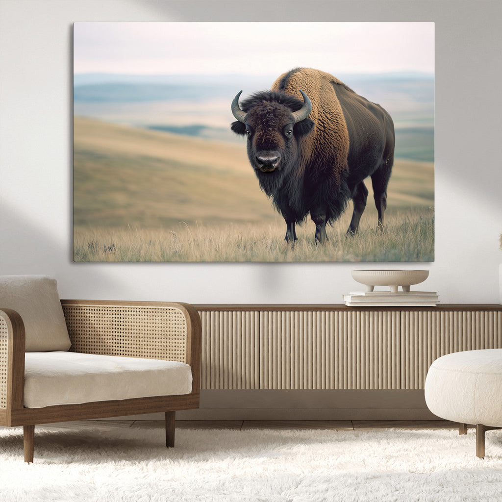 Bison Wall Art Canvas Print, Framed American Buffalo Rustic Western Artwork