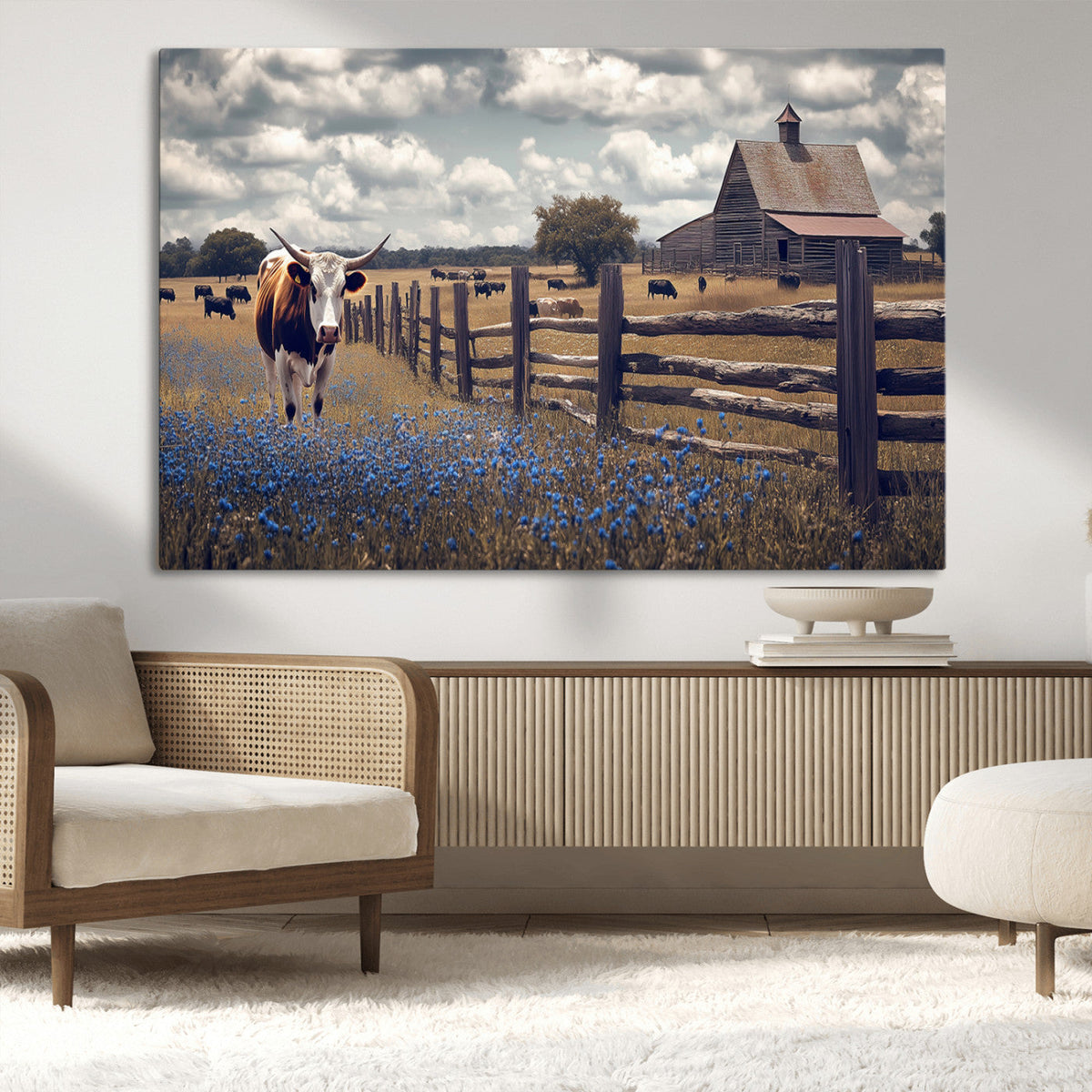 Texas Longhorn Canvas Wall Art Print, Framed Rustic Barn Farmhouse Decor