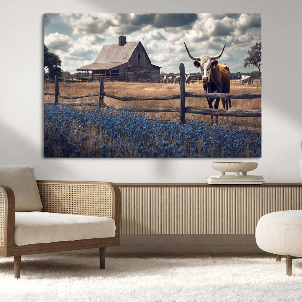 Texas Longhorn Wall Art Canvas Print, Framed Rustic Barn Art, Farmhouse Cow Decor