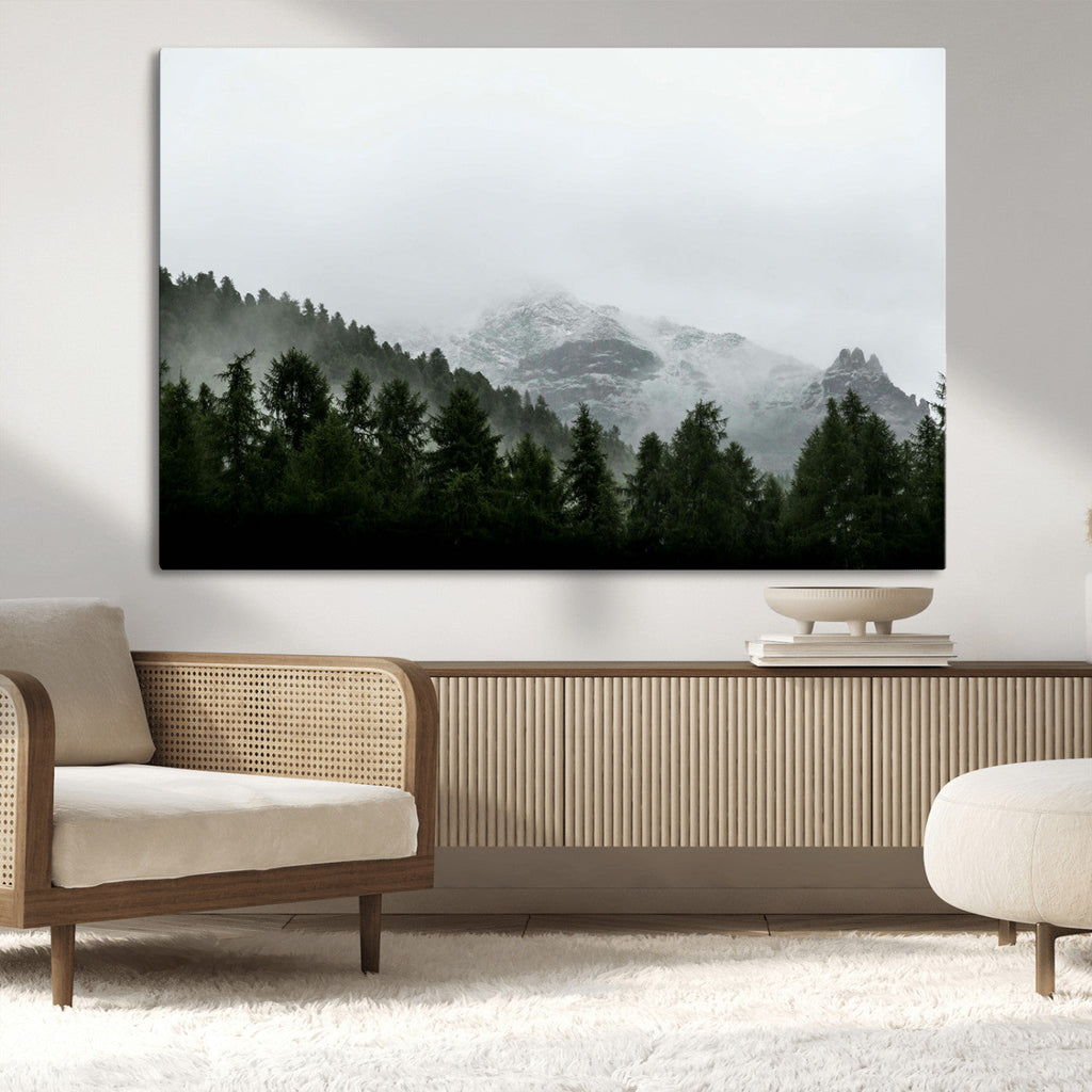 Misty Mountains Wall Art Canvas Print, Framed Foggy Forest Art, Snowy Peaks Landscape