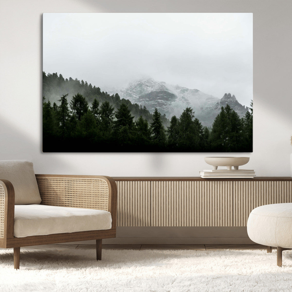 Misty Mountains Wall Art Canvas Print, Framed Foggy Forest Art, Snowy Peaks Landscape