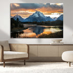Mountain Sunset Wall Art Canvas Print, Framed Alpine Wilderness Art, Golden Hour Lake