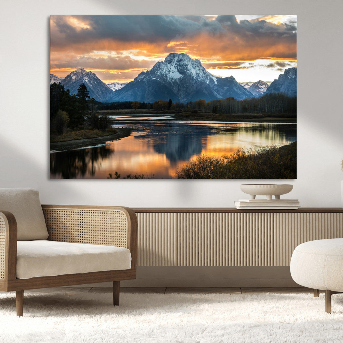 Mountain Sunset Wall Art Canvas Print, Framed Alpine Wilderness Art, Golden Hour Lake
