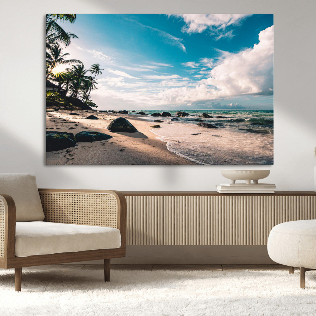Tropical Beach Wall Art Canvas Print, Framed Ocean Waves Relaxing Seascape