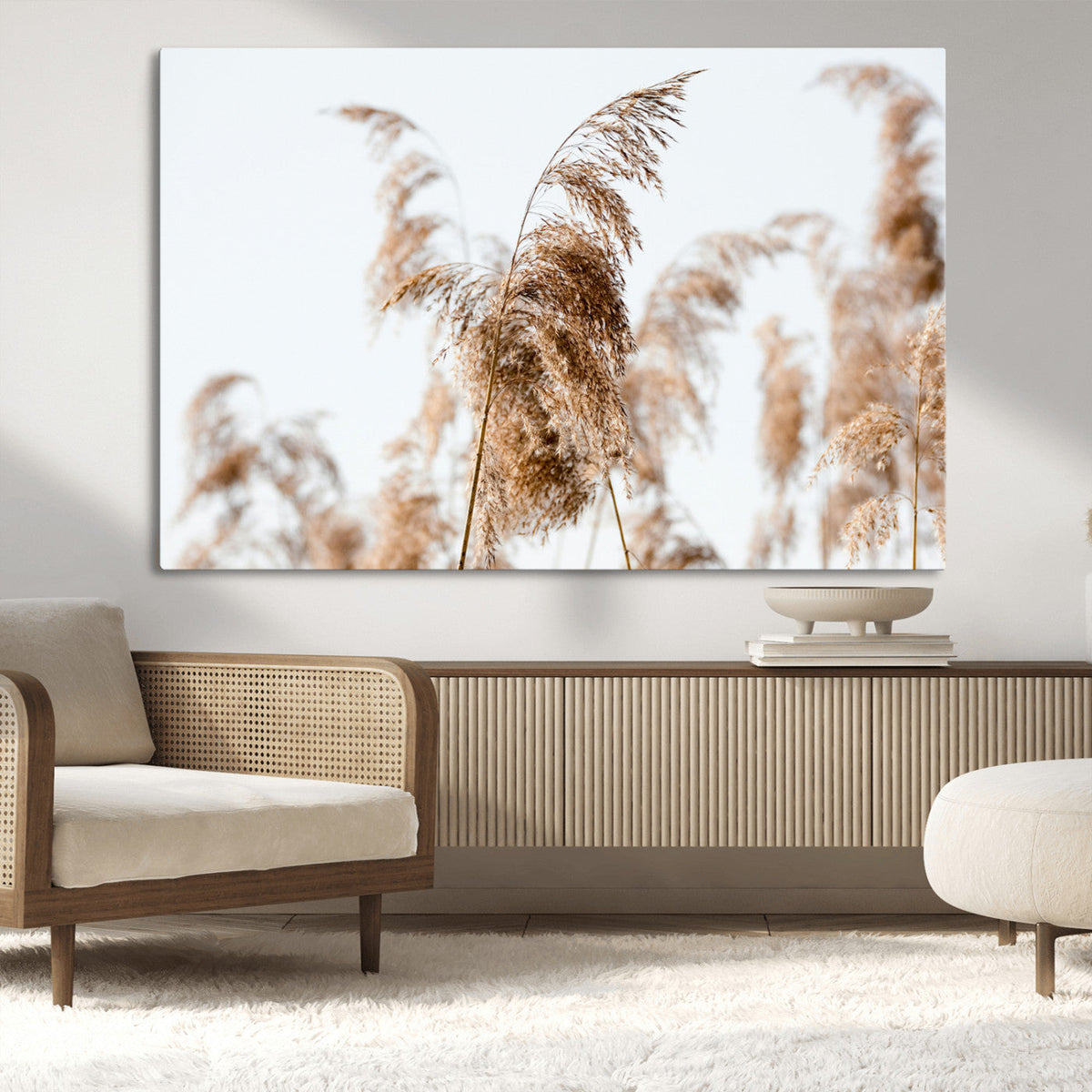 Pampas Grass Wall Art Canvas Print, Framed Neutral Tones Minimalist Boho