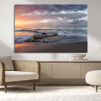 Golden Hour Wall Art Canvas Print, Framed Tranquil Waves Beach Sunset