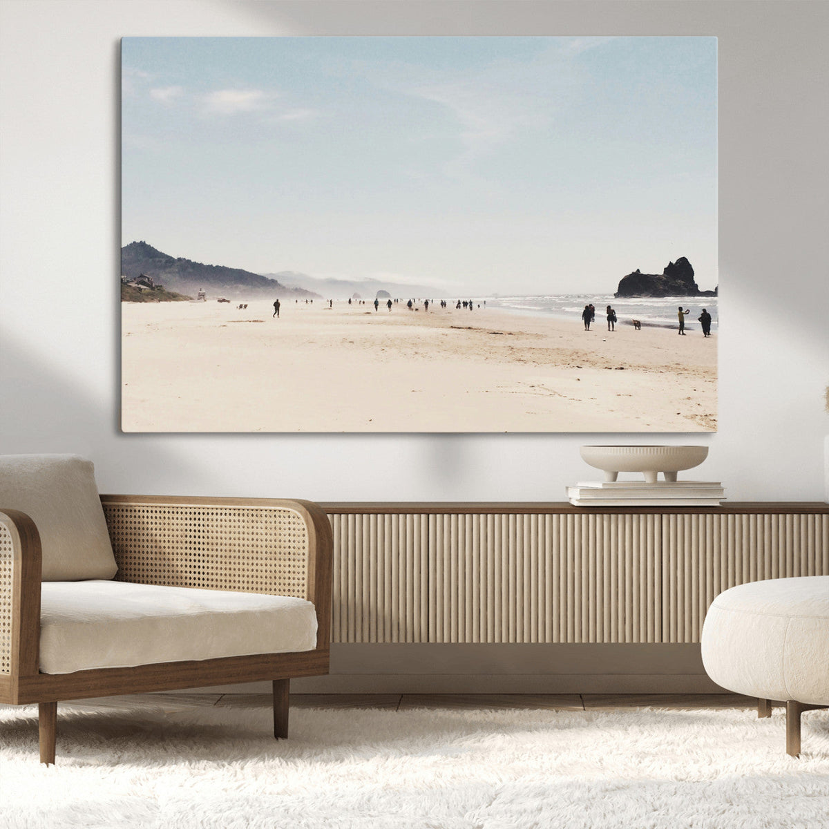 Minimalist Beach Wall Art Canvas Print, Framed Coastal Serenity Soft Sand