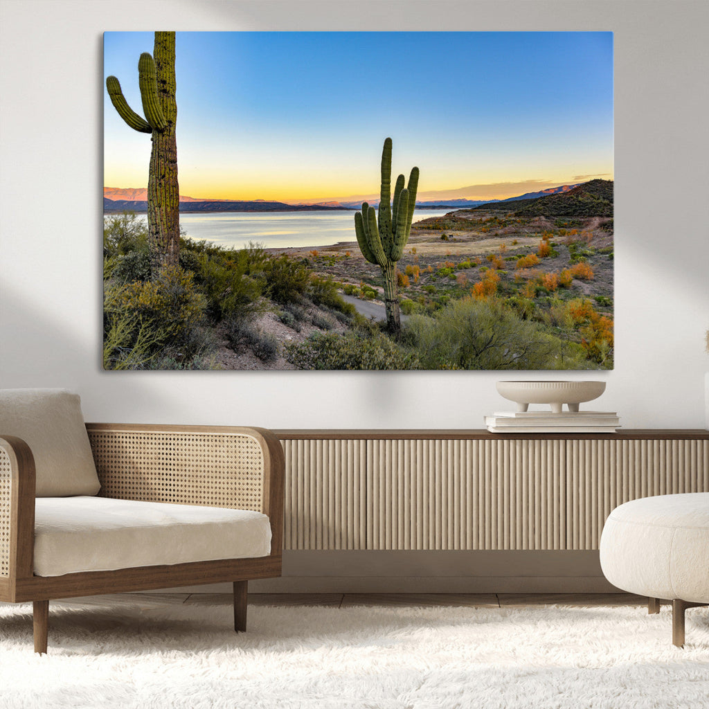 Saguaro Cactus Wall Art Canvas Print, Framed Desert Sunset Southwestern