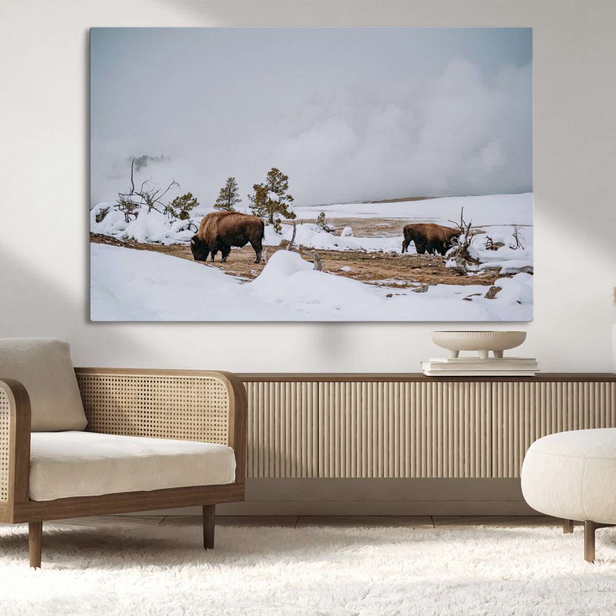 Bison Wildlife Wall Art Canvas Print, Framed Snowy Prairie Art, Western Landscape Decor