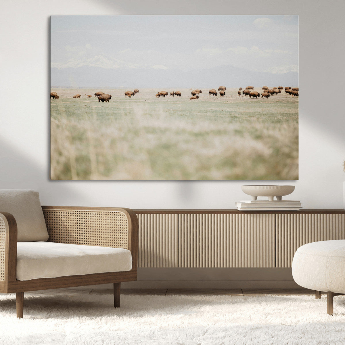 Bison Herd Wall Art Canvas Print, Framed Western Landscape with Bison in Grassland