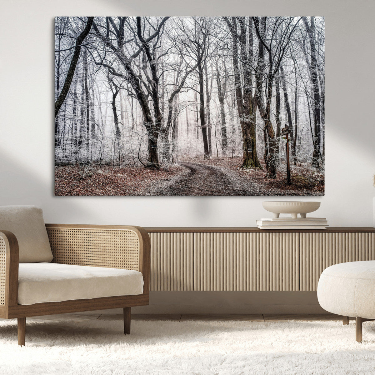 Winter Forest Wall Art Canvas Print, Framed Frosty Woodland with Misty Trees