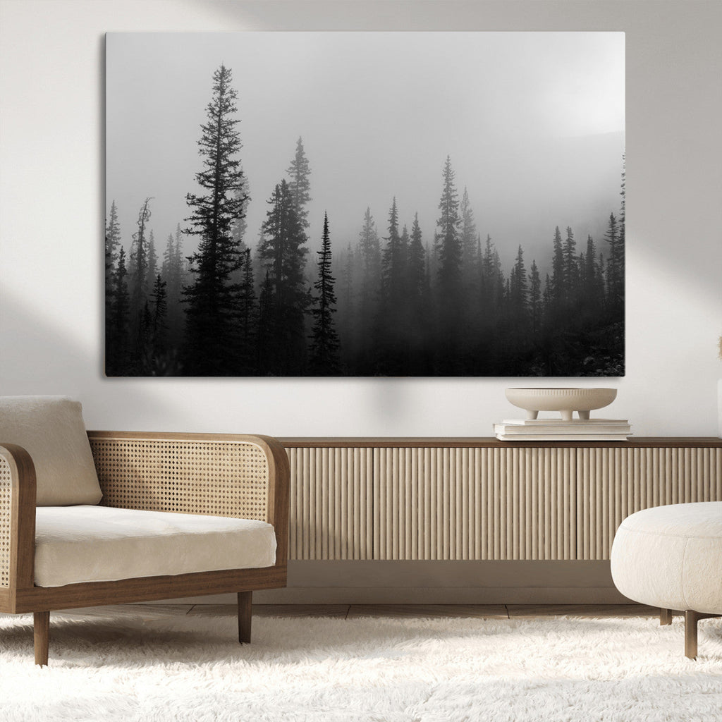 Misty Pines Wall Art Canvas Print, Framed Woodland Minimalist Black and White