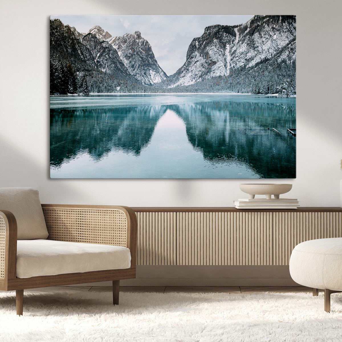 Mountain Lake Wall Art Canvas Print, Framed Toblacher See Winter Wonderland