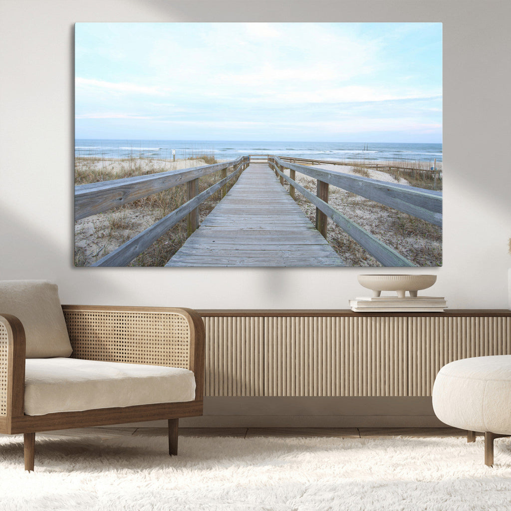 Beach Boardwalk Wall Art Canvas Print, Framed Coastal Serenity Ocean View