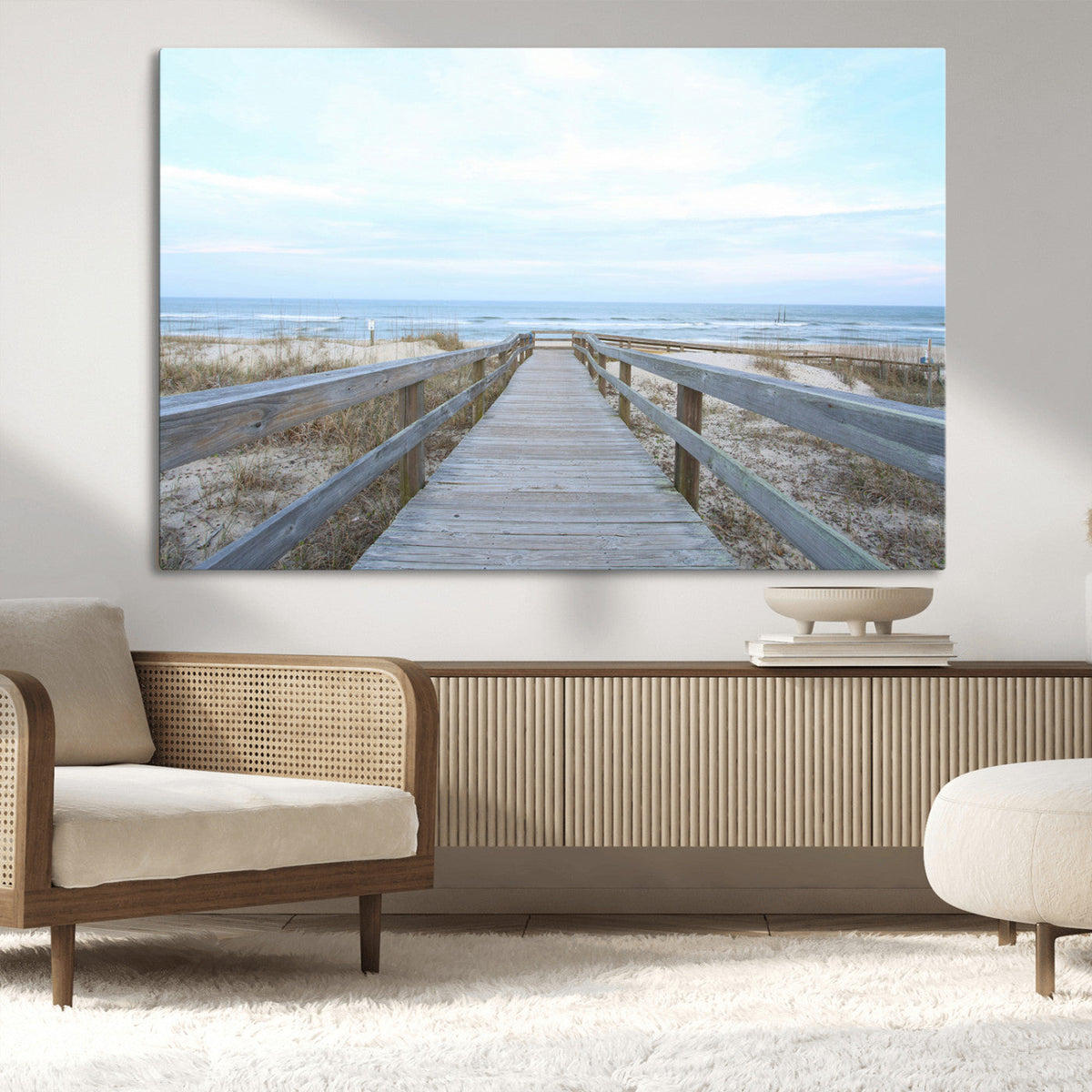 Beach Boardwalk Wall Art Canvas Print, Framed Coastal Serenity Ocean View