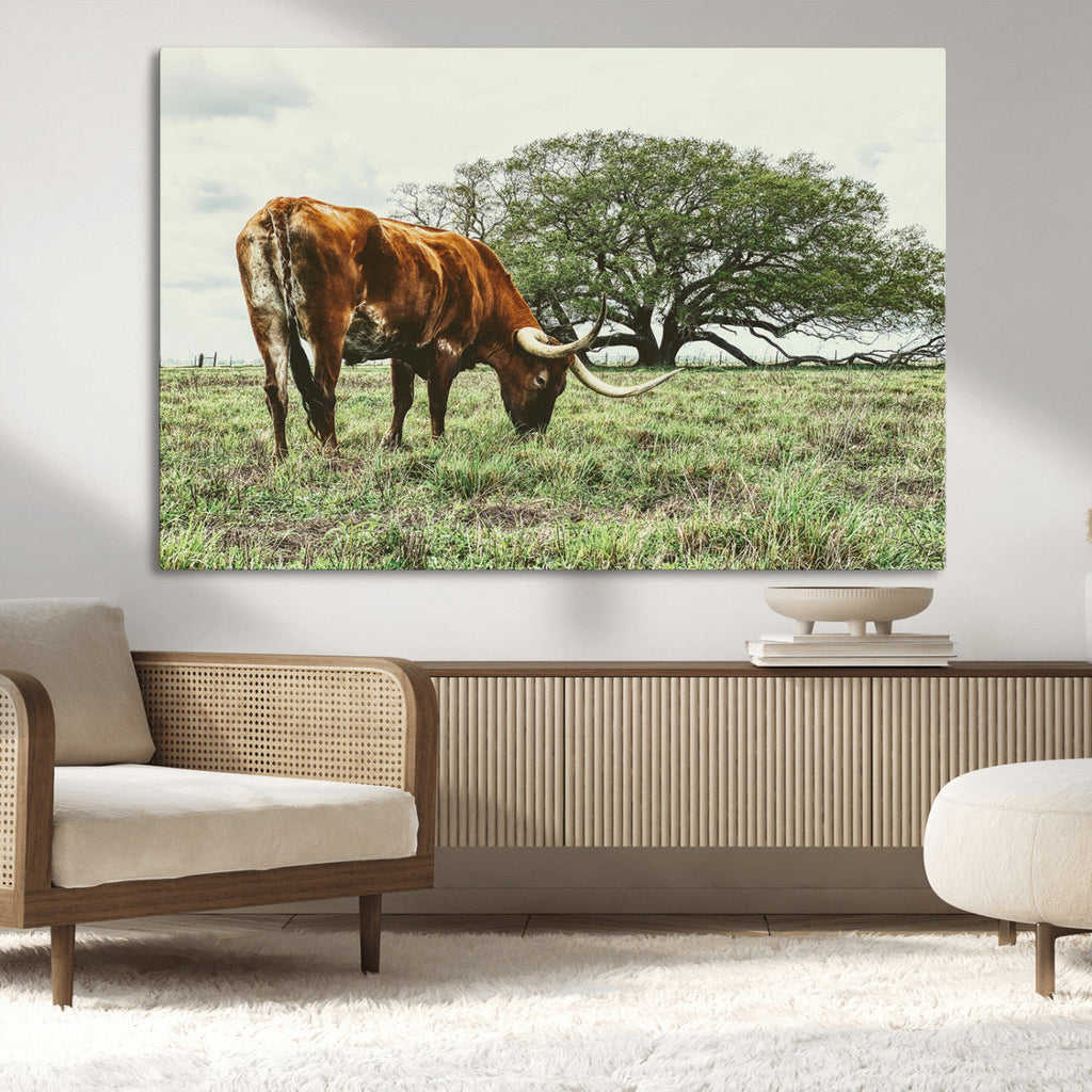 Texas Longhorn Wall Art Canvas Print, Framed Rustic Ranch Western Cattle
