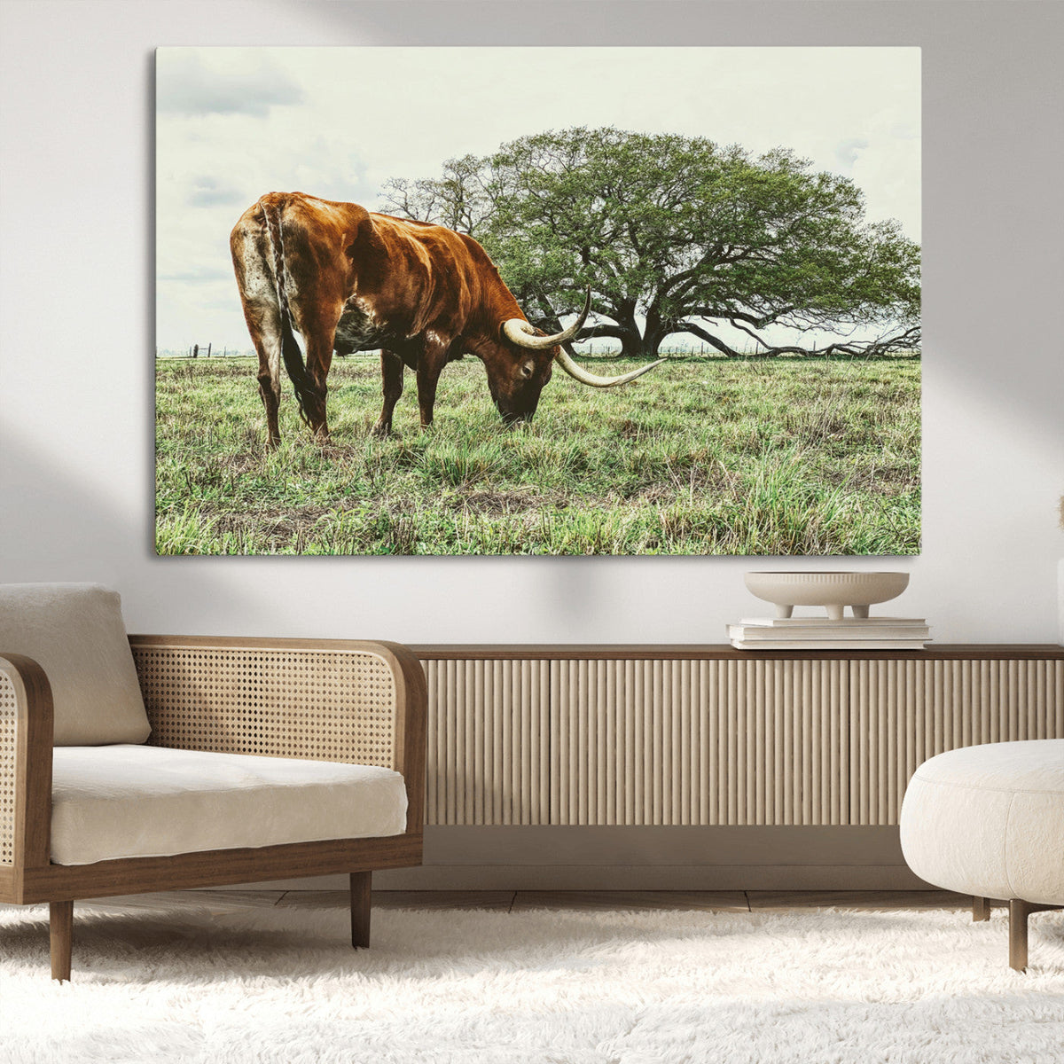 Texas Longhorn Wall Art Canvas Print, Framed Rustic Ranch Western Cattle