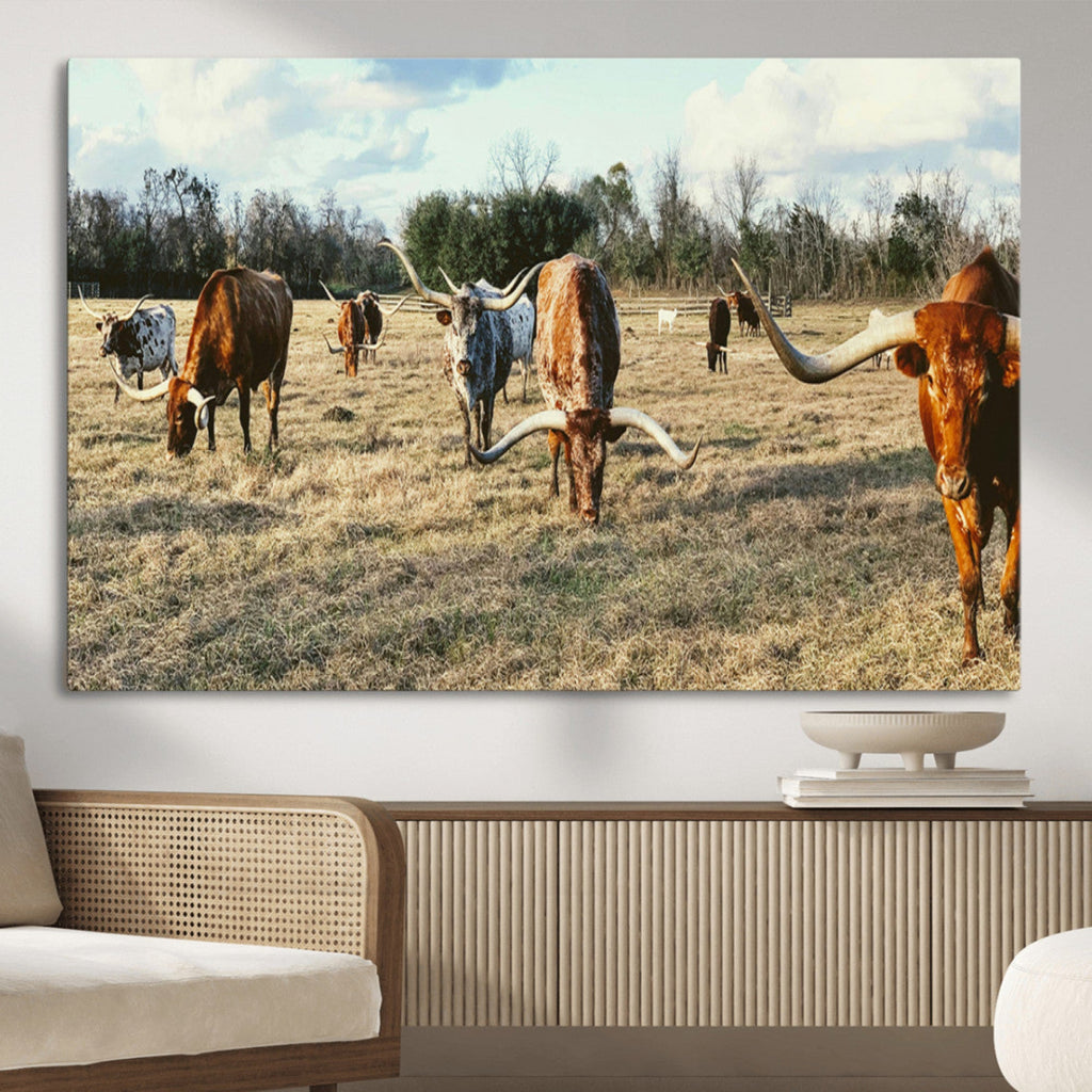 Texas Longhorns Wall Art Canvas Print, Framed Rustic Farm Scene Western Cattle