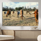 Texas Longhorns Wall Art Canvas Print, Framed Rustic Farm Scene Western Cattle