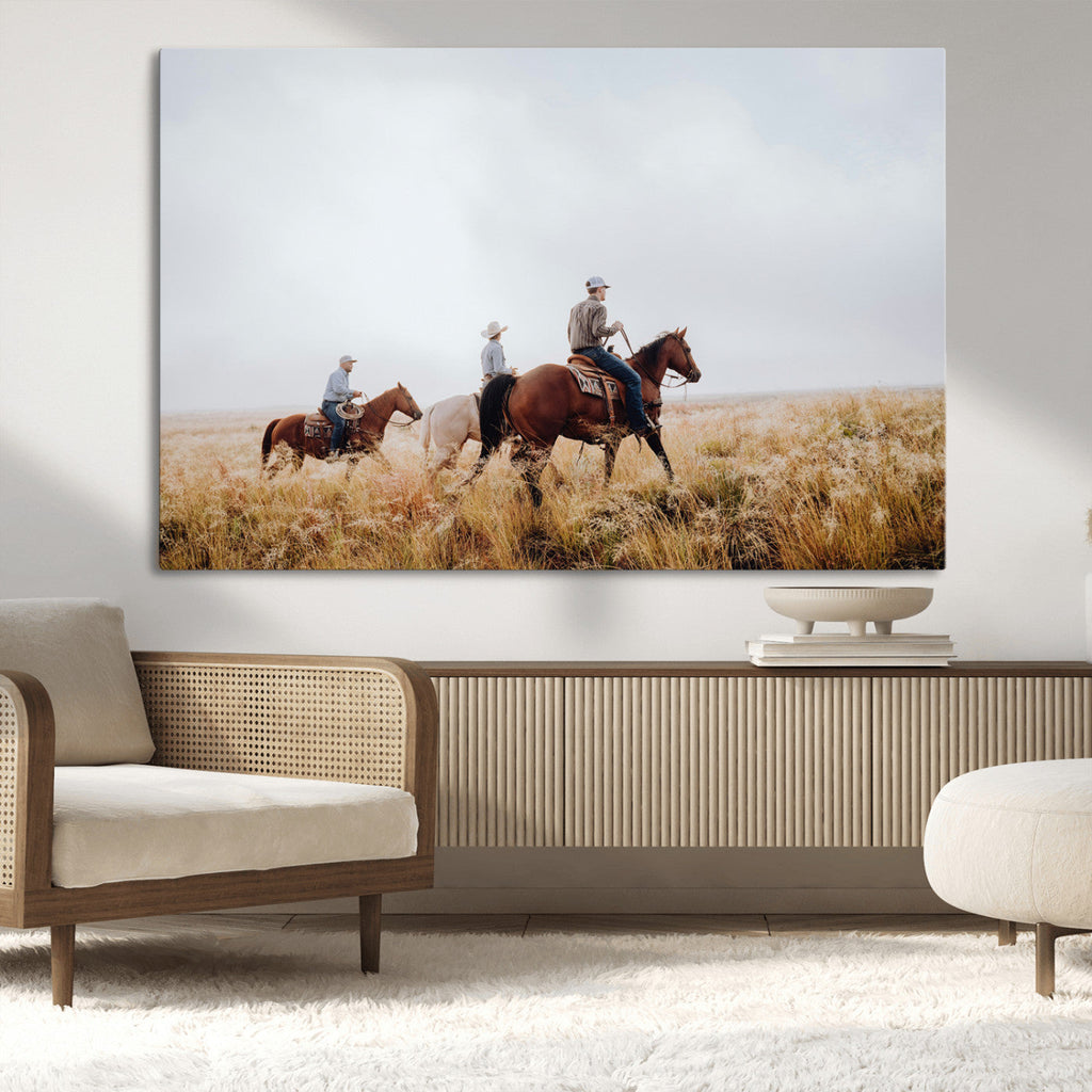 Western Cowboys Wall Art Canvas Print, Framed Horseback Riders on a Rustic Prairie