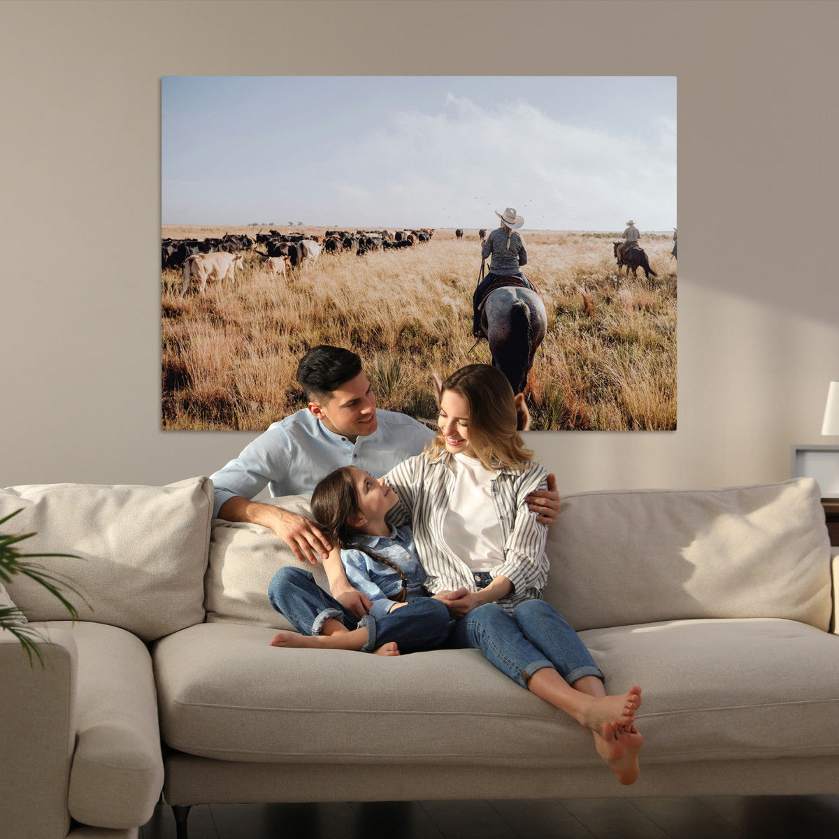 Western Wall Art Canvas Print, Framed Cowboy Cattle Drive Scene
