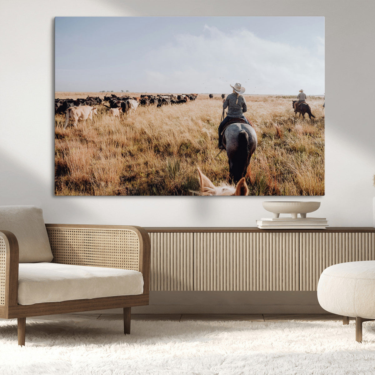 Western Wall Art Canvas Print, Framed Cowboy Cattle Drive Scene