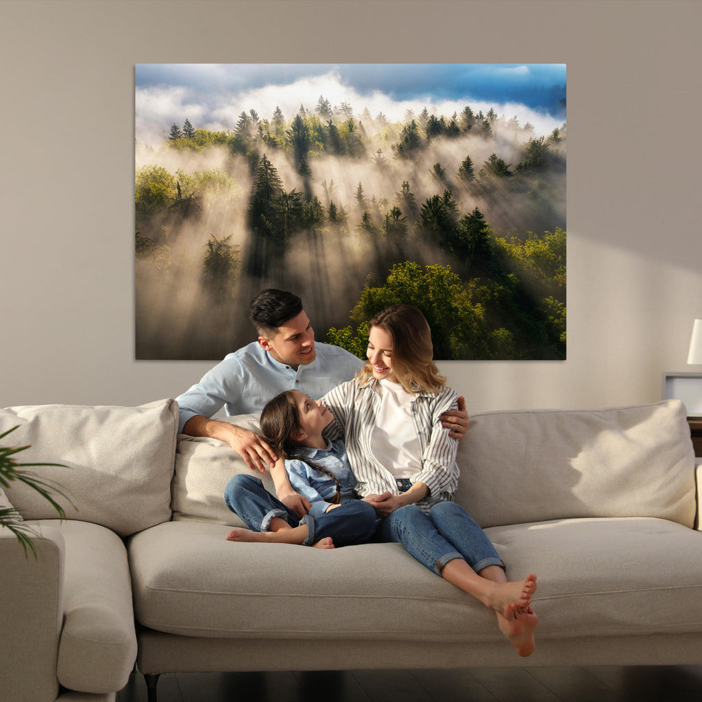 Tranquil Forest Scene Wall Art Canvas Print, Framed Moody Sunbeam Through Trees