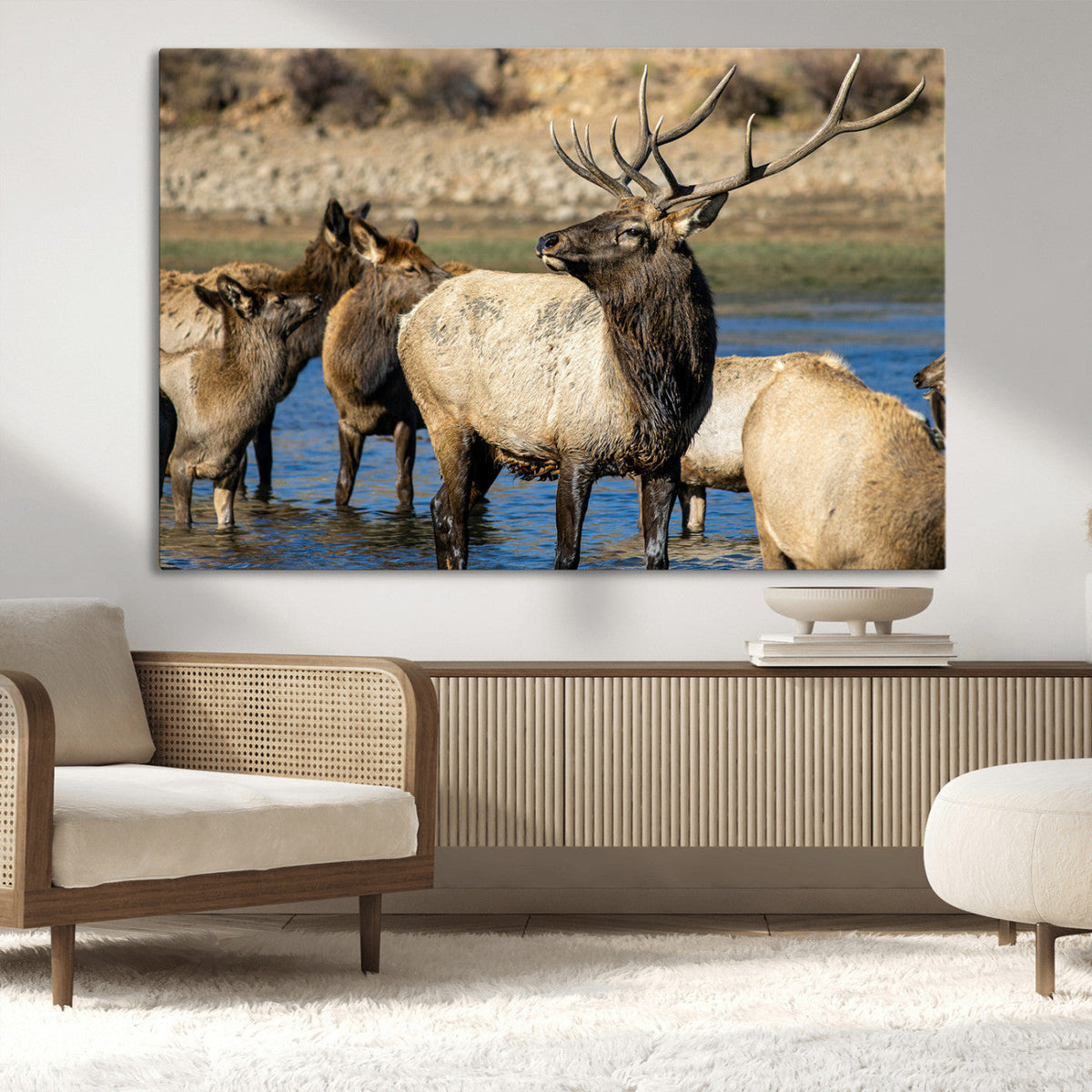 Wild Elk Wall Art Canvas Print, Framed Neutral Wildlife Scene
