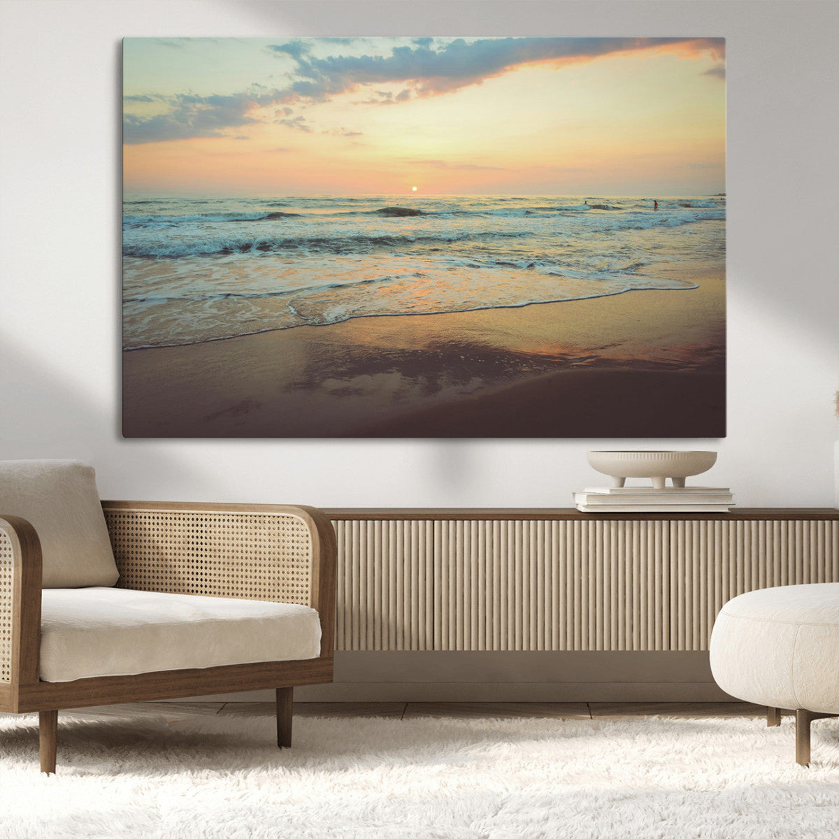 Sunset Seascape Wall Art Canvas Print, Framed Pastel Ocean View with Tranquil Shoreline