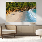 Tropical Beach Wall Art Canvas Print, Framed Ocean Waves and Palm Trees at Golden Sunset